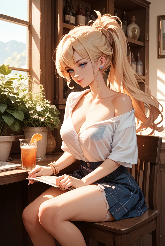 One girl, solo, Big round breasts, clevage, curvy body, realistic, blonde hair, light green eyes, amazing big eyes, eye details, eyebrow details, white crop top, denim skirt, big lips, blush, confident, dominant, bdsm, smirk, naughty, mischevious face, HD, good quality, crop top, curvy, standing up, lounge area
