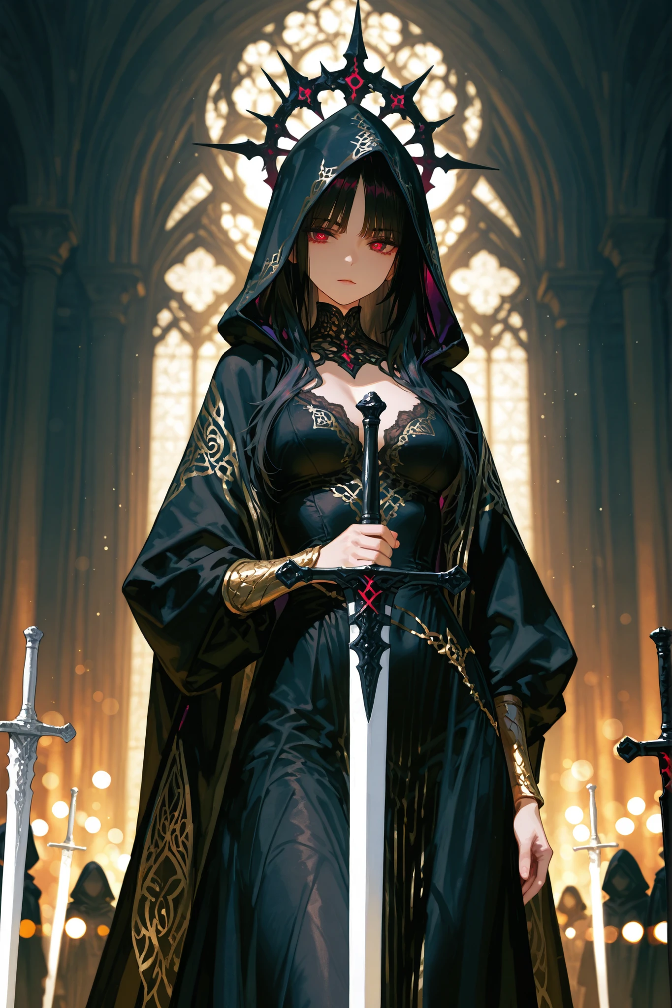 Noble goddess of judgment,exquisite detailed portraits of people,long, supple black hair( with bangs),black hood,looks somber and calm(Delicate red eyes),is wearing a gorgeous damaged black dress,has a large aperture behind,Standing on its side with the sword,, the dark sword sheath shines against the white sword,4k HD,professional lighting,Excellent quality,Extreme Details,2.5D,Physically based on rendering,Extremely rich texture,vivid colors,Super clear,Bokeh