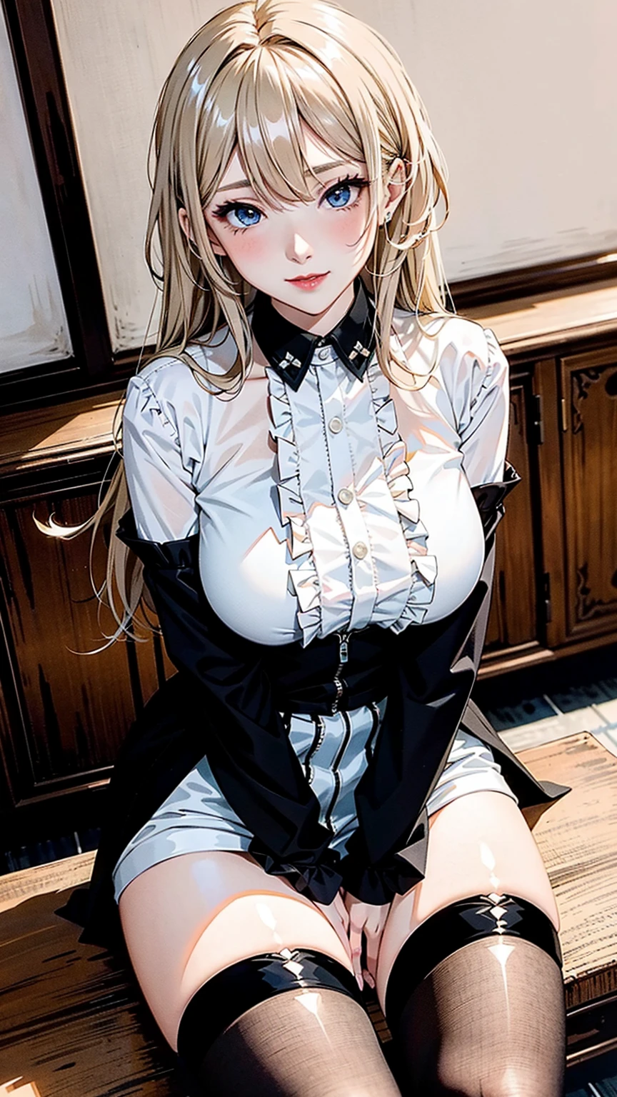 Masterpiece, Superior image quality, high resolution, 4k image,photo and gross, photorealistic, whole body, ung girl of 15 years, {{{vagina}}}, asleep, lying on a bed, View from above, big breasts, beautiful face, Long blonde hair, Closed eyes, expresión asleep, choker:1.6, (white collar button down long sleeve shirt), black gloves, gloves that cover hands, (black leather corset), (shiny black leggings), Sensual Lips, elegant room, at night