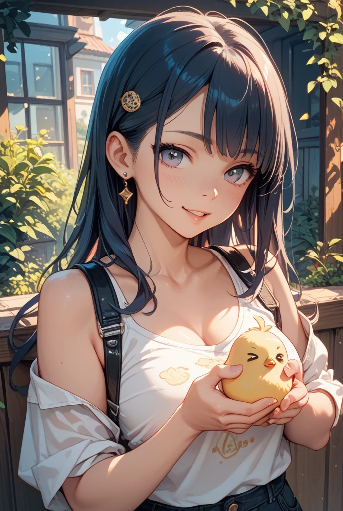 <lora:between_breasts_v0.1:1.0>
1girl, between breasts, bird, plaid shirt, denim shorts, barn, straw hat, cleavage, v,, masterpiece, best quality, highly detailed