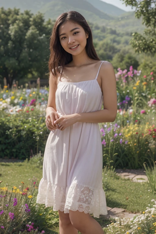 Best quality, masterpiece, ultra high resolution (photorealistic: 1.4), raw photo, 1 girl, white dress, bare shoulders, field of pink flowers in bloom, glowing skin, slight smile