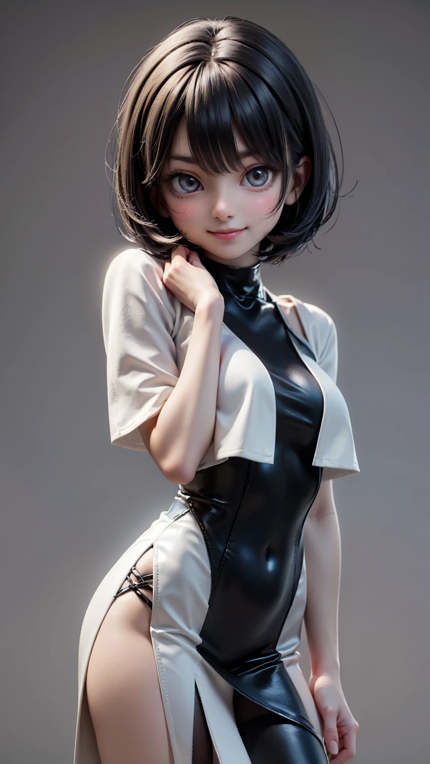 anime girl with green eyes, skin-thight black dress, sensual body, short browrn hair and a seductive smile --auto