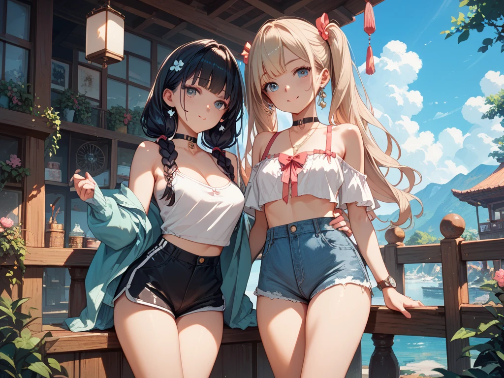 ((masterpiece, best quality, ultra quality, high quality, hyper detailed, intricate detailed, perfect anatomy, shiny skin, cowboy shot,)), (3 woman:1.5), cute woman are posing for a camera, (In the tavern at night:1.2)、 (Lifting SHIRT:1.3), (open your mouth and laugh:1.3), (line up in a row)、(tits)、hair band, headband, hair bobbles, blouse, shirt,silver hair, brown hair, blond hair, (navel), jewelry, looking at viewer, necklace, long hair, short hair, (abs), (Depth of the bounds written), panties,