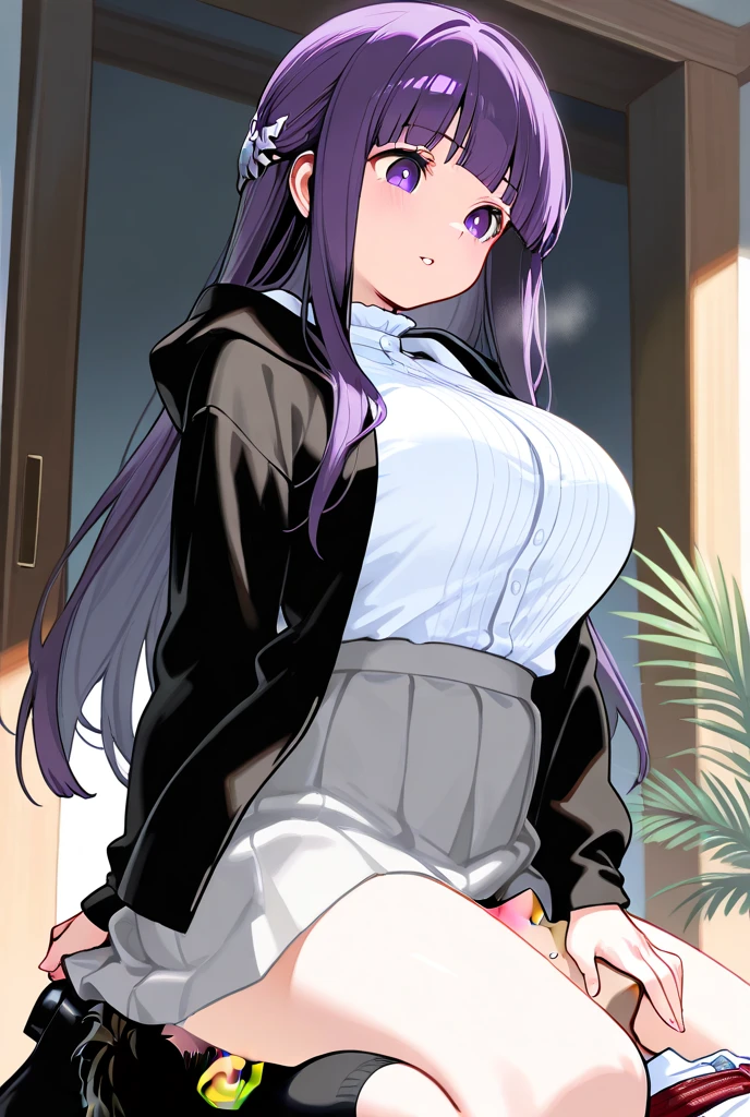 tmasterpiece, hoang lap, 1girll, hyouka\(shippuden\), 独奏,jaqueta com capuz, Fishing nets, The headband is hung around the neck, looking at viewert, Floating hair, ventania, Blue pants,((extremy detailed)),(Hyper-detailing),the Extremely Detailed CG Unity 8K Wallpapers,best qualtiy。Fat girl。with a huge mommy body。Her skin tone is fair and smooth,Make her look older。 Her short hair is bright dark blue,Just reached her shoulder。It is straight,Has a slight natural shine。The hairstyle outlines her face well,Gently fall down,A few strands fell near her cheek。 Hinata's most striking feature is her charming eyes。The iris of her eyes is a charming pale lavender color。The white bone appears as a series of veins,These veins spread out of her pupils and iris in a reticular pattern。 In terms of the five senses,Hinata has a soft and gentle countenance。She has a slender nose,Her lips are naturally pink,Slightly full。Her eyebrows are well-shaped,The arch is neat,Outline beautiful eyes。 her chest is very large,Good shape。They are huge,You can see in general,Hinata's appearance is characterized by her calm and kind expression,Represents her gentle nature。Sexy girl nipple,The body is huge and thick,wearing tight suit,You can see all the curves and contours of gray hair。She is thick with plump fat and huge,Her clothes are very, very tight,Covered her entire body,You can see all of her cervix and body。The whole body is tight,Her whole body can be seen