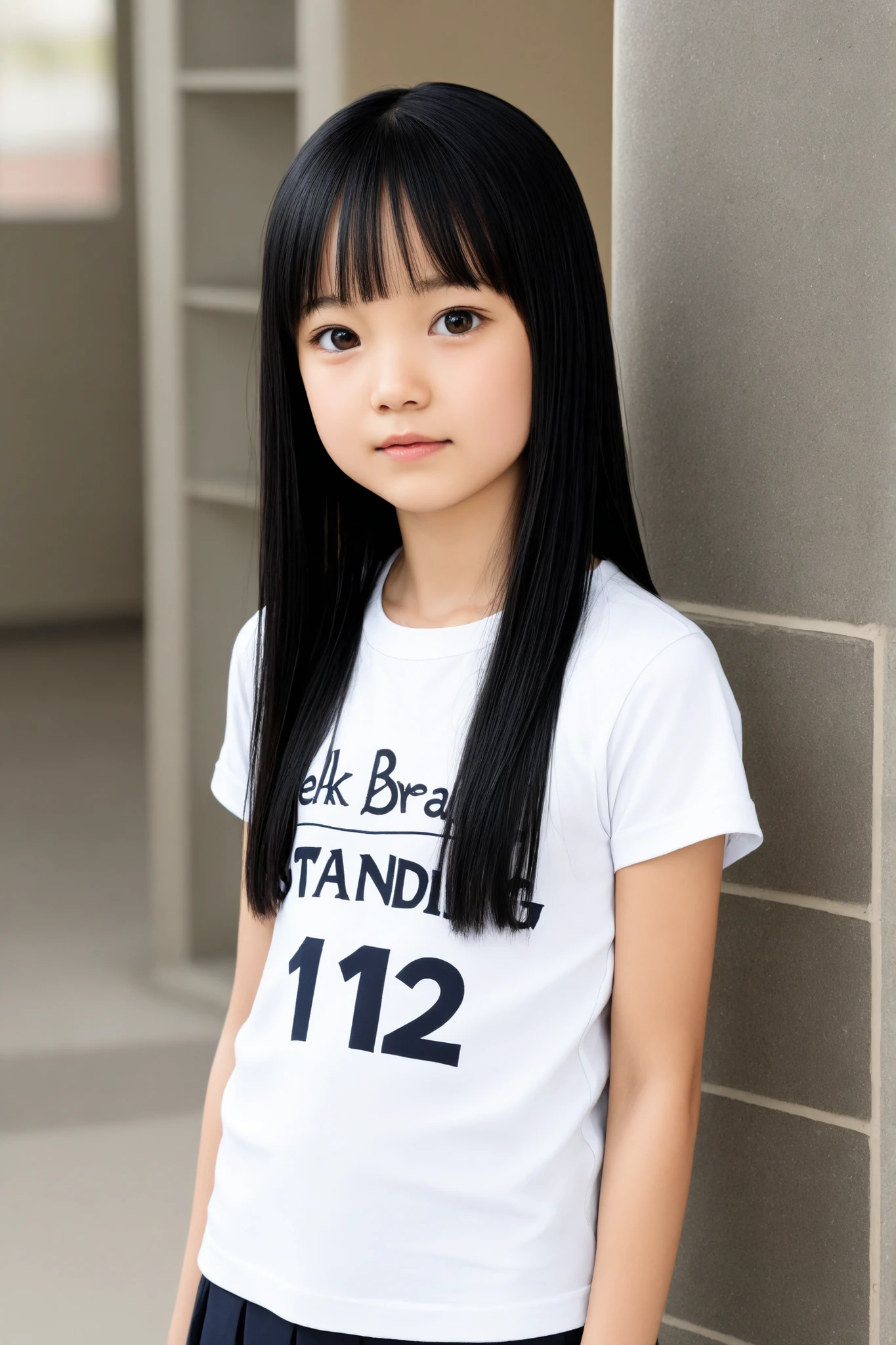 High Quality, masterpiece, A girl with a beautiful face,
break girl,black hair, (straight hair:1.4),(petite bangs:1)
break (elementary school student:1),Japanese, (around 12:1.4)
break (1girl:1.4),T-shirt
break (standing:1.4),face portrait,