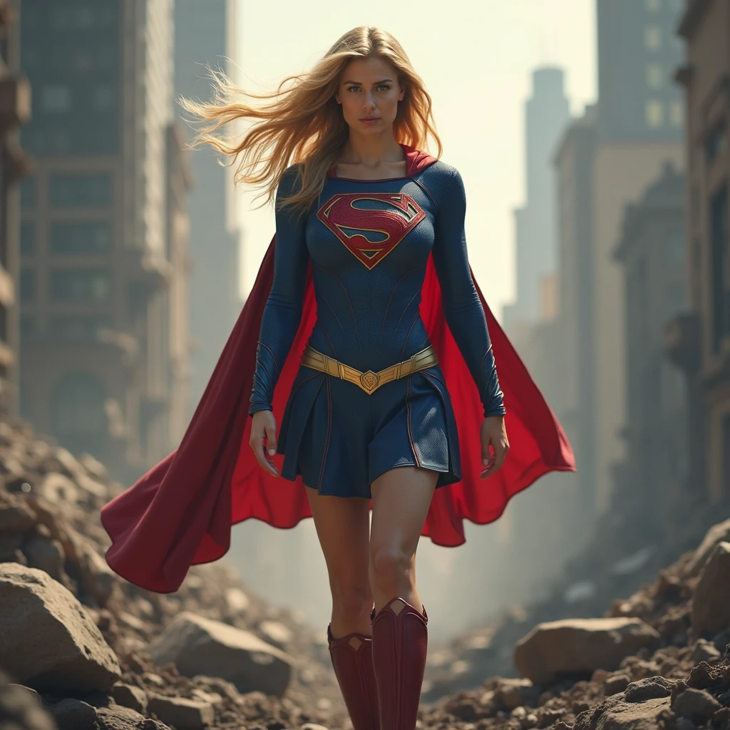 analog, raw, amateur photograph, majestic intricately detailed glamor photograph, ((full body portrait)), (anger, rage:1.2), Supergirl enraged and battered and ready to fight amidst the destruction of Metropolis, (dried blood, dirty face, filthy:1.4), (scarlett johansson:0.8)|(Olivia Holt:0.7)|(Lili Reinhart:0.6), (ripped and damaged supergirl outfit), long messy blond hair, nubile toned body, burning building in the background, rubble,, dynamic angle, professional, soft lighting, smooth, roughness, real life, cinematic film, directed by zack snyder|Denis Villeneuve