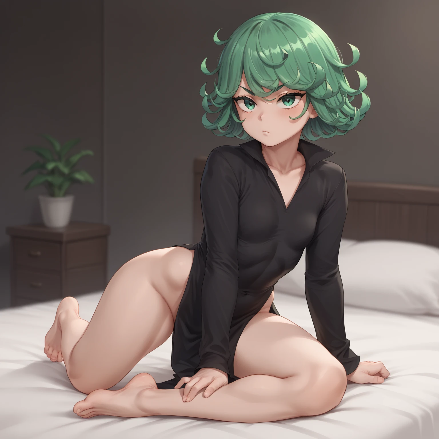 (masterpiece, Highest quality:1.2), alone, One girl, Very cute face、Tatsumaki, slender、Black leotard, On all fours、on bed, panties, back shot, stick out butt, Ass Focus、sweat, Embarrassed, orgasm, smile, blush, narrow eyes,