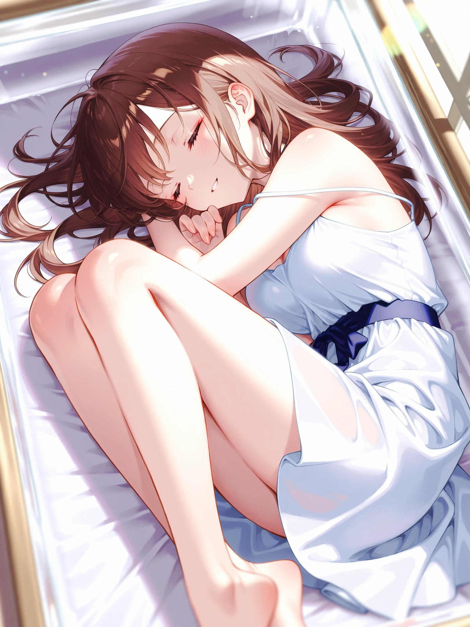 1 girl, kei Karuizawa, blonde, long ponyt,,ail, violet eyes, bangs, white transparant  nightgown, sleeping, sleeping in bed, breast, panty, white panty, transparant dress, nightgown, 