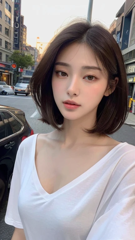 ((Best Quality, 8K, Masterpiece: 1.3)), Sharp: 1.2, Perfect Body Beauty: 1.4, Slim Abs: 1.2, ((Layered Hairstyle, Big Breasts: 1.2)), (Wet White Button Long Shirt: 1.1), (Rain, Street: 1.2), Wet: 1.5, Highly detailed face and skin texture, detailed eyes, double eyelids, side face looking at the camera