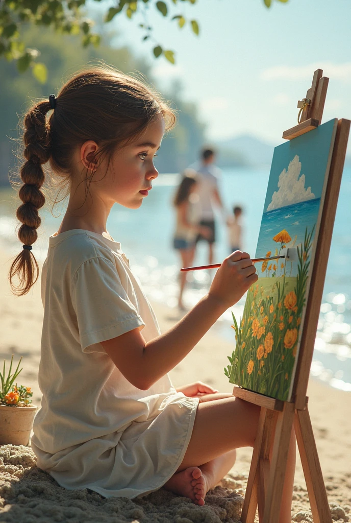 cute painting a flower , watercolor, inside canvas, side of the sea