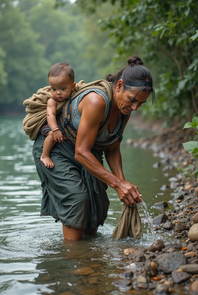 Photorealism 1.4 realistic realism high detailed definition  Malaysia native aboriginal orang asli old women curly messy hair  crossing river river stream dark skin weaver backpack smile faces jungle big river wearing loose shirt accessories on hair flower wearing sarong hold stick two people on her back river stream