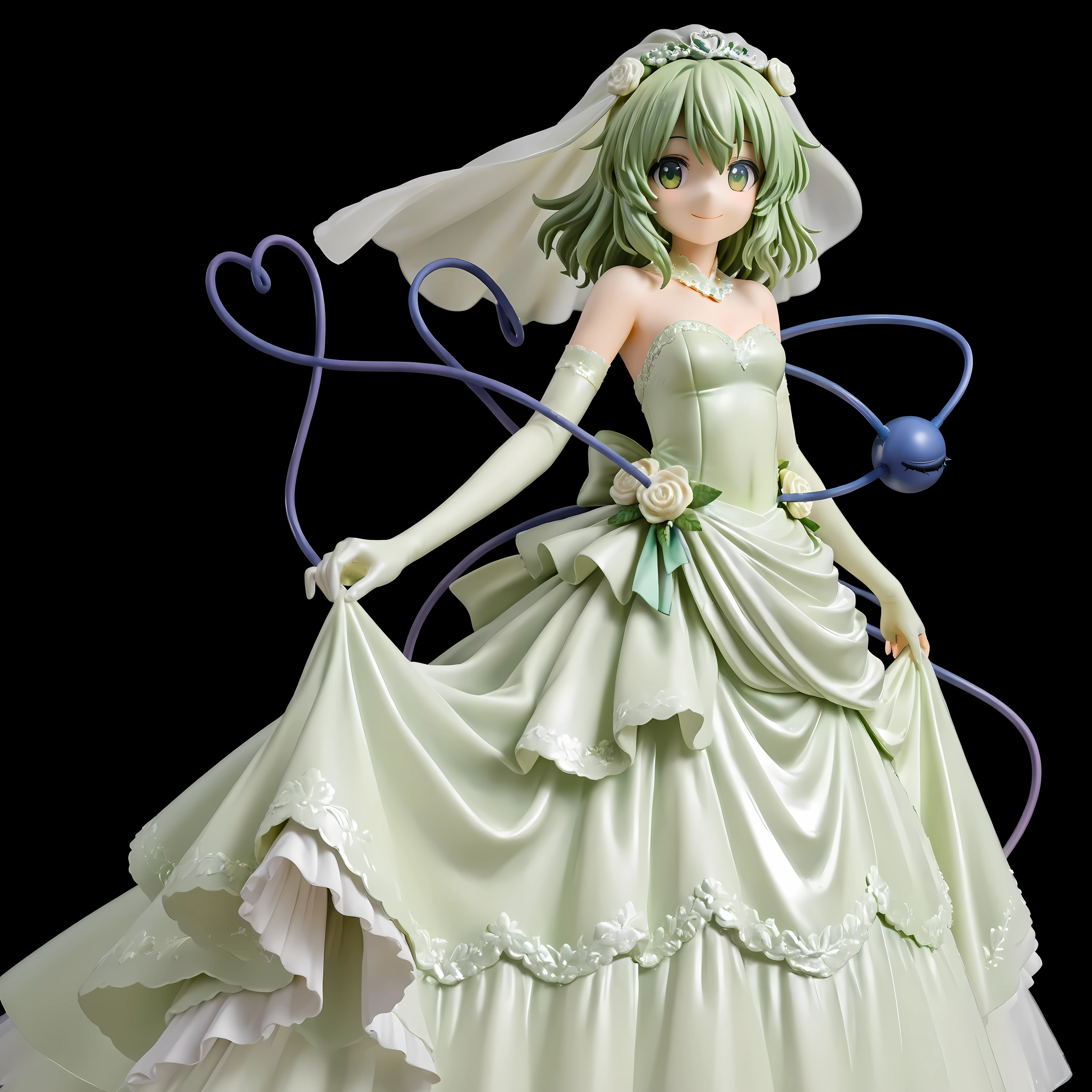 Komeiji Koishi,touhou,green hair,green eyes,Smile,GREEN WEDDING DRESS,low saturation,black background