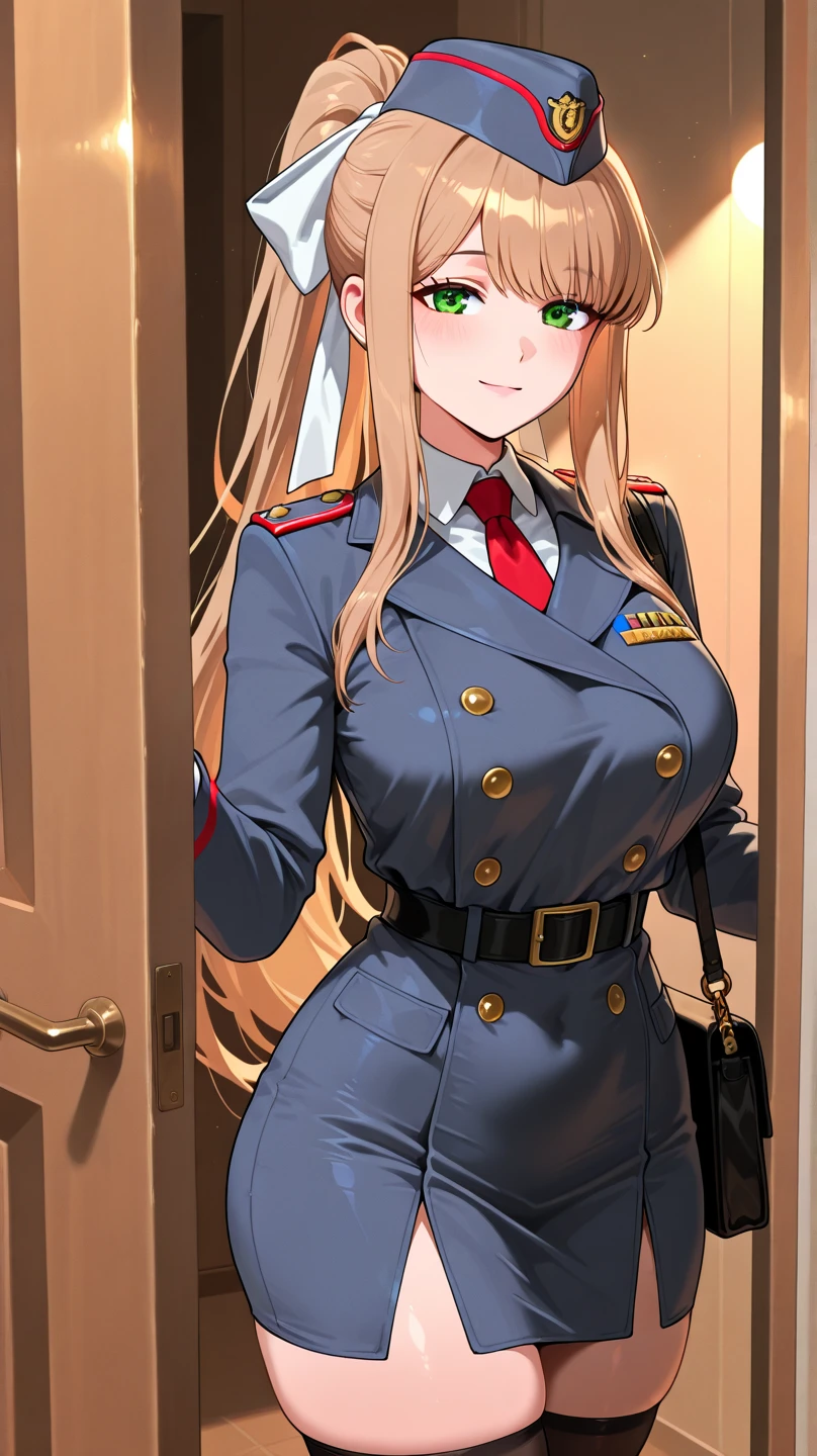 Anime girl in uniform sitting on sofa with legs open, fine details. Girls Frontline, blue uniform, wearing soldier uniform, uniform, infantry girl, wearing military uniform, wearing black military uniform, girl front line style, girl wearing uniform, wearing military uniform, highly detailed official artwork, JK uniform, from girl front line, officer, wearing military uniform and lace panties, sitting, (panties are tucked into the crotch:1.2), Panty Shot, Spread Legs, Skirt, School Uniform, White Panties,(Big Breasts)