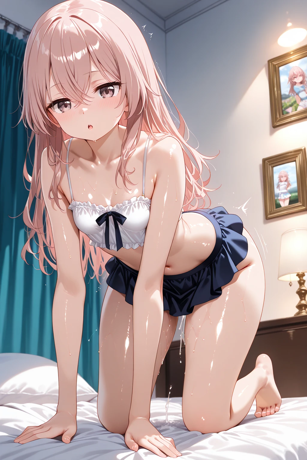 (Unfilter),(masterpiece,Highest quality,Ultra-high resolution),((Perfect Face, Perfect body、Perfect hands,Perfect legs,Beautiful Eyes)),((頭からthighまで:1.2、Back view、Standing posture、hands between legs:1.3))、((White panties、White bra、Panties and bra only))、Long Hair、Pink Hair、Big Breasts、thigh、Big Ass、((embarrassed:1.5、blush、Open your mouth、tearing up:1.1))、From the back:1.1、From the side、Bedroom、window