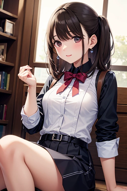 (table top, highest quality, High resolution, , perfect pixel, 4k,), 1 girl, single, alone, Beautiful woman、I could see the whole body、 ((wavy middle hair, bangs, brown hair)), ((brown eyes, beautiful eyelashes, realistic eyes)), ((detailed face, blush:1.2)), ((smooth texture:0.75, realistic texture:0.65, realistic:1.1, Anime CG style)), medium breasts, dynamic angle, perfect body, ((red bow tie, school uniform, black jacket, open jacket,cardigan, white shirt, black skirt, shirt unbuttoned、plaid skirt)), upper grade、shy smile、In front of the bookshelves in the library、evening、Sit on the floor、(open your legs、get down on one knee、、floral lace panties、show panties)、