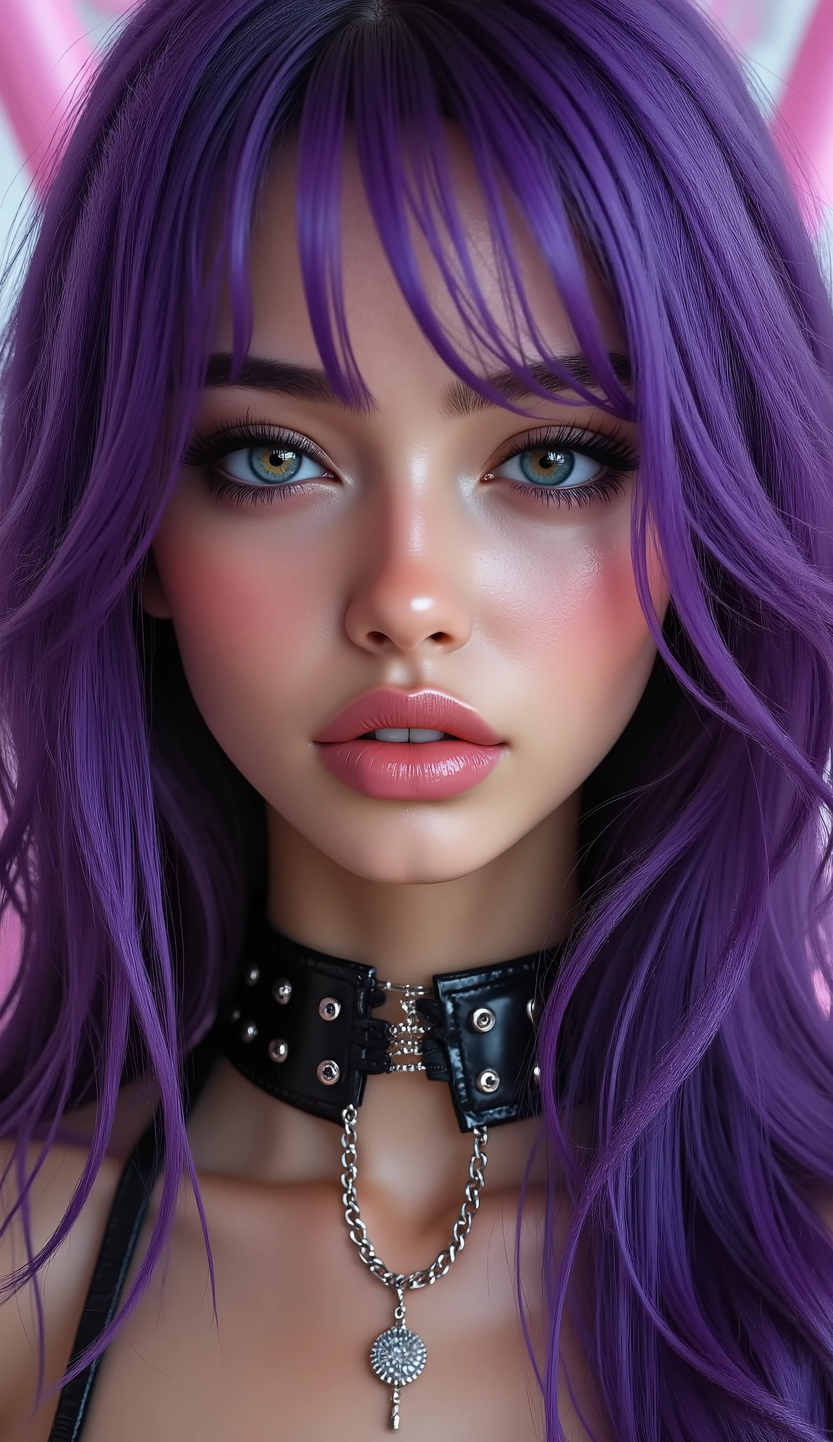 Purple haired woman in short outfit with big breasts
