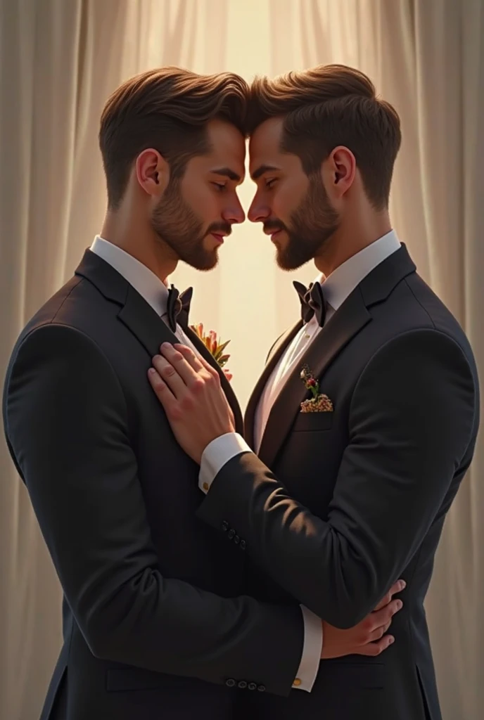 two physically different guys kissing. Details of the Titanic ship and sunset in the background. best image quality, 4k, ship's official uniform, elegant suit, kiss, hyperrealistic. --auto --s2