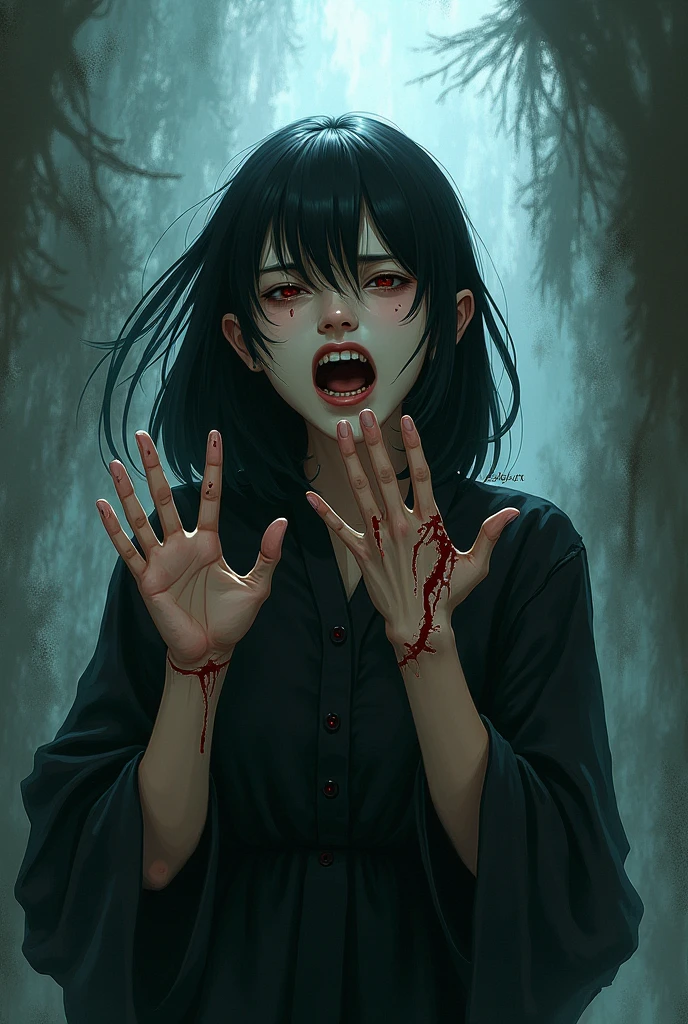 Realistic Digital Painting with Concept Art Elements"," digital painting," "concept art," "realistic," "high detail", "high-res", "ominous aura,", "8k resolution", "oil painting", "darker tone" , "little saturation" ,"dark feeling", "dirty art-style", "concept art" , "detailed features" , "detailed eyes" "1man" , "blood coating the face' , "eyes wide" , "creepy smile over face" , "hand stretching face"