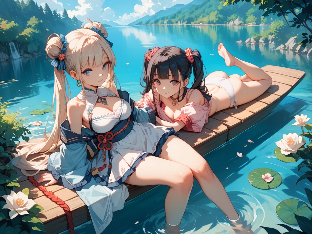 (((masterpiece))), (((The best quality at its best))), ((Super detailed)), (Highly detailed CG illustrations), ((Extremely delicate and beautiful)),(Cute and delicate face),Bright and beautiful atmosphere, Two Girls (, 1. Short-tempered round face), 1 (hair, Surface Effects), Small breasts, Tropical Trees々Hammock in the middle、Overlooking the forest from a high hill、A hammock tied high up 、ハンモックで眠るTwo Girls、(topless)、Eating fruit