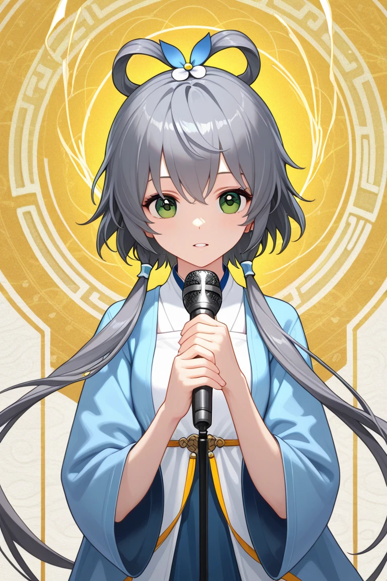Masterpiece,Short hair,Shining eyes,(White idol costume),(A matcha-colored scarf:1.5), Dance, Sing, brilliance, be on stage,Green hair accessories, Stage, striated hair, Radiant eyes, mitts, Sing with your mouth open,(((White hair))), ahoge,((((french braid)))),(((((Dark gray corners))))),(((((Yellow eyes))))),(Handheld black microphone),(Golden light ),face,eye_Focus,((Singing)),aiming at viewer,((Point one finger at the viewer)),Striped hair, (Star-shaped pupils:1.4),(One eye closed:1.4),((((Green hairpins)))),(Scars on the face )