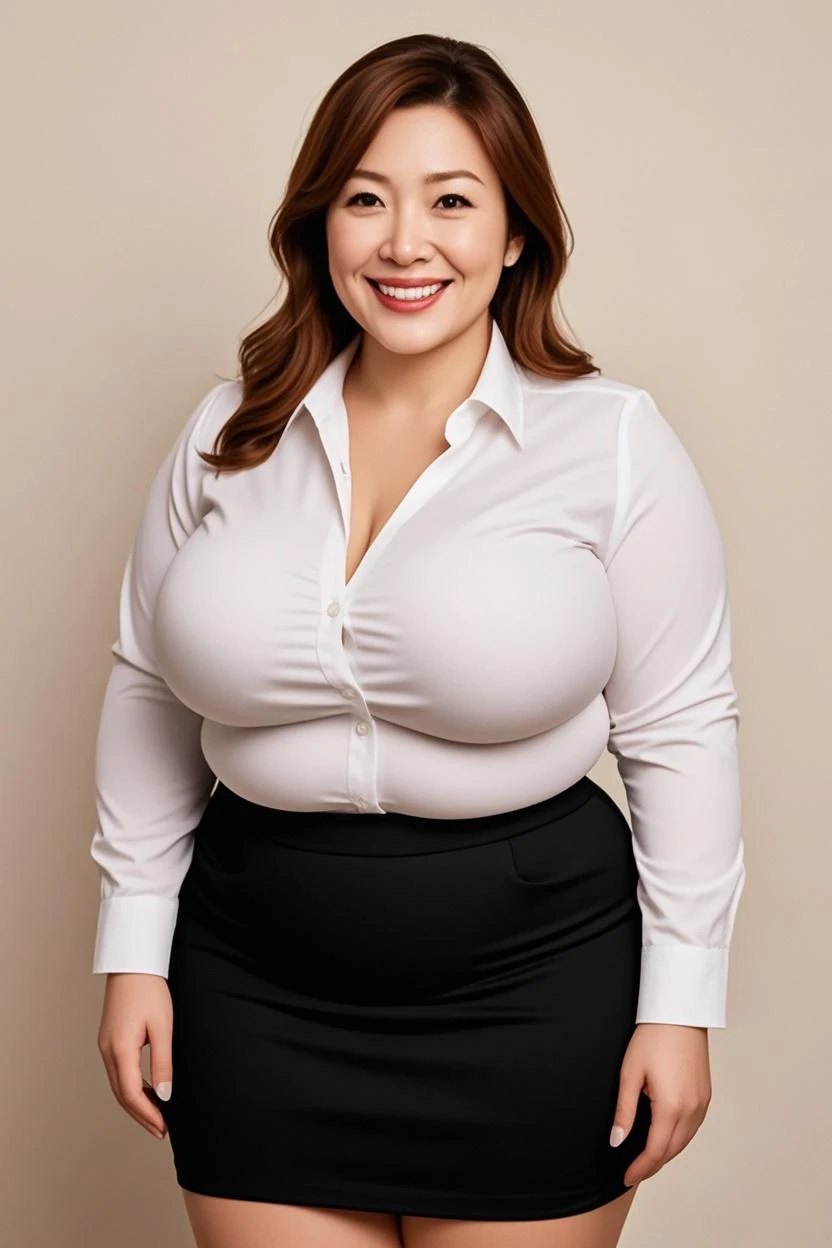 Realistic、Writing,white shirt、Collared shirt、wearing a shirts、White cutter shirt、Shirt buttons are snapped、a black skirt、Office Suits、professional photograpy、Does not expose the skin, Japanese Models,、,The skin is not exposed、fleshy body, large boob、 You can see the bulge of the nipple through the shirt、big butts、Big belly、thick thight、thick arms、Round face、Fat face、chubby cheeks、Sauce order、big eye、A dark-haired、short-haired、Stand with pride、A smile、Sun background、Photo above from the thigh、Walking Pose