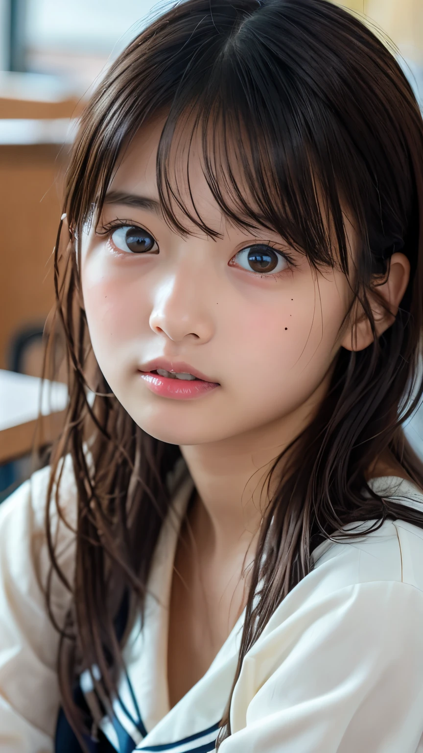 ( face close-up ),Masterpiece, Top Quality , 8k, Official Art, RAWphotograph, 非常に high definition, Beautiful Girls, Pretty Face , ( sitting ), is staring at me , close, , classroom, super real , high definition, photograph, film grain, Color Difference, sharp concentration, face light , dynamic lighting , Cinematic Lights, Best Details , very detailed, ultra detailed, detailed explanation , very detailedな目と顔, white skin, One girl wearing、 show me a sailor suit that makes your skin look perfect , perfect skin, Pretty Face , bright eyes, without makeup, brown hair, Indoor setting with shoulder-length straight hair , empty in the center of the city , very embarrassed face、amount、mole、 small 、 flat chest、 amountを見せて