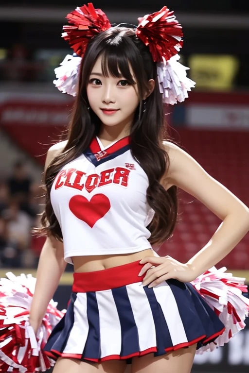 A Japanese beauty with long legs and huge breasts is cosplaying as a cheerleader and cheering her on.