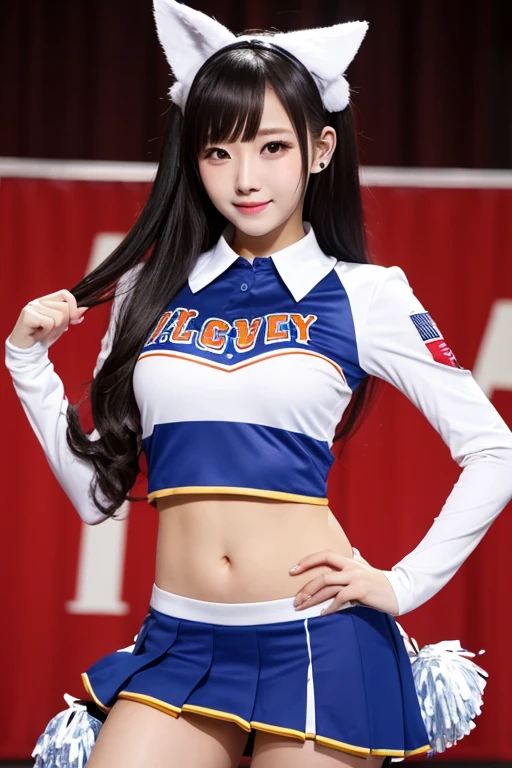 Cheerleader,Blue Costume,white_panties,Fox Ears,Dancing on stage,shoot from below,