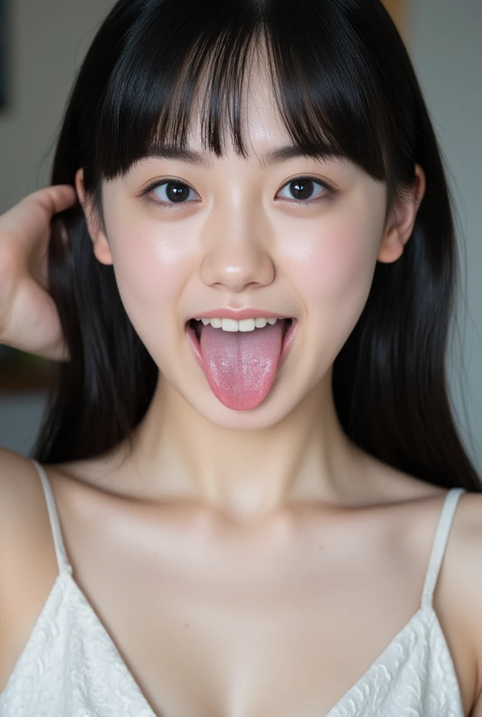(((upper body shot))),((nude)),((nipples)),Ultra-high resolution,big eyes,grin,(open mouth with tongue),((tongue out)),Japanese,bangs,(a girl),(1 girl),((18-year-old)),((cute)),pretty,eyes closed
