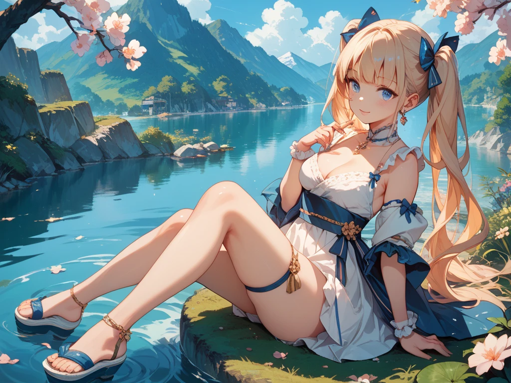 4K,High resolution,one woman,goblin,blonde,long hair,blue eyes,big breasts,wizard,White skimpy dress,white boots,magic wand,town in the forest