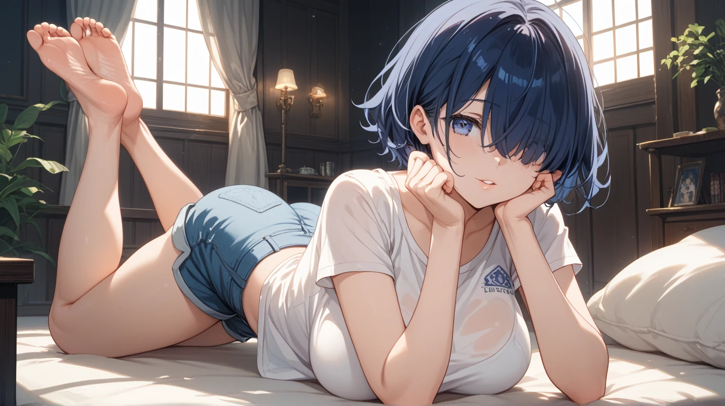All fours,crawling ,NSFW,(((white lace panties,white lace bra ))),small breast ,(Exceptional, Best aesthetics, new, newest, highest quality, masterpiece, Very detailed),Ruthie,ribbon, hair ribbon, short hair,Red eyes, Blue Hair, Ahoge, Multicolored Hair, Memes, Bracelet, Gradient Hair, jewelry, bangs, Expressionless, Hair between the eyes
