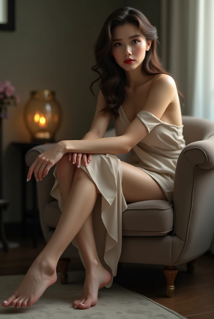 a beautiful woman, nude body, beautiful slim long legs, wearing high heels, realistic, photorealistic, photo-realistic:1.37, best quality,4k,8k,highres,masterpiece:1.2,ultra-detailed, elegant, graceful, mesmerizing, glamour, sensual, alluring, striking, captivating, cinematic lighting, dramatic lighting, cinematic atmosphere, dramatic atmosphere, porcelain skin, flawless skin, glowing skin, unblemished skin, detailed facial features, beautiful detailed eyes, beautiful detailed lips, extremely detailed eyes and face, long eyelashes, volumetric lighting, volumetric fog, dramatic contrast, dramatic shadows, chiaroscuro, hyper-realistic, intricate details, vivid colors, rich colors, vibrant colors, breathtaking, stunning, exquisite