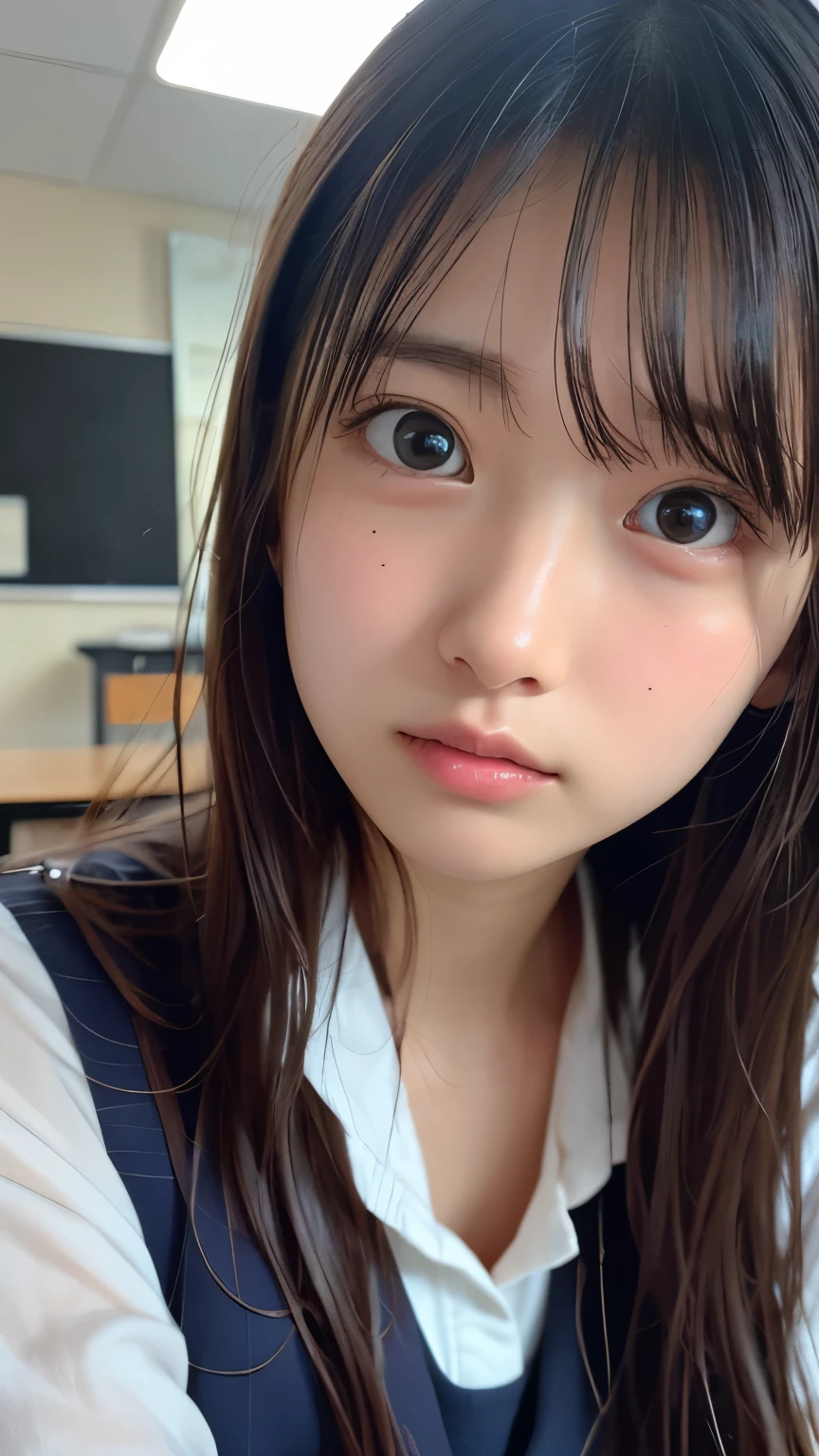 ( face close-up ),Masterpiece, Top Quality , 8k, Official Art, RAWphotograph, 非常に high definition, Beautiful Girls, Pretty Face , ( sitting ), is staring at me , close, , classroom, super real , high definition, photograph, film grain, Color Difference, sharp concentration, face light , dynamic lighting , Cinematic Lights, Best Details , very detailed, ultra detailed, detailed explanation , very detailedな目と顔, white skin, One girl wearing、 show me a sailor suit that makes your skin look perfect , perfect skin, Pretty Face , bright eyes, without makeup, brown hair, Indoor setting with shoulder-length straight hair , empty in the center of the city , very embarrassed face、amount、mole、 small 、 flat chest、 amountを見せて