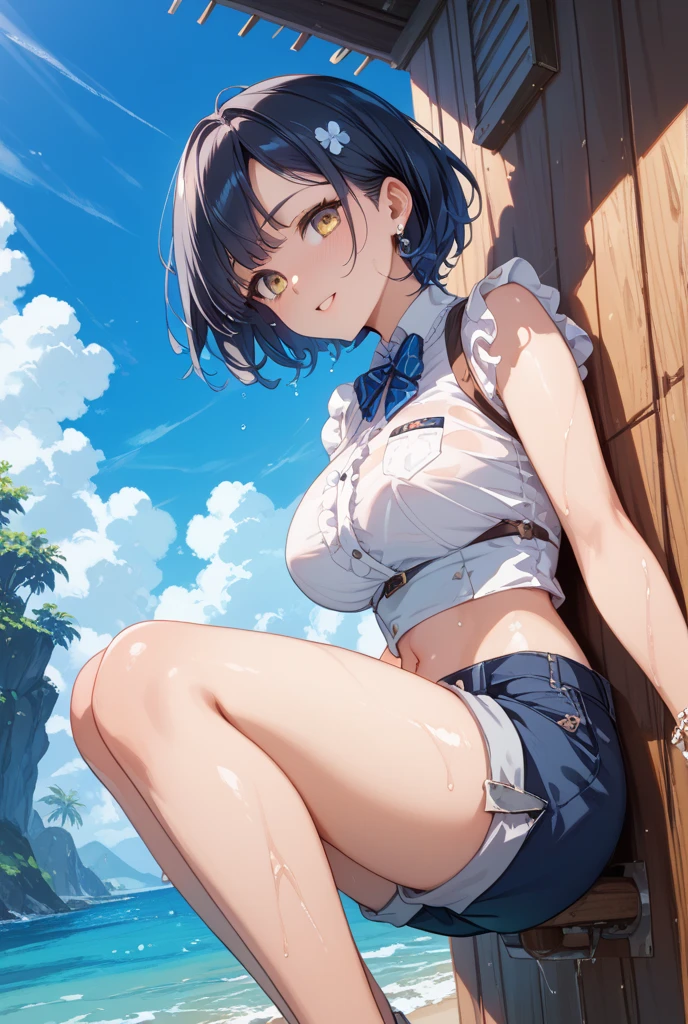ung_tee子、ロリ、wn_hr、medium_bob_hair、blue_midriff_baring_sailor_uniform、mini_skirt、short_sleeve、太もも、big_tits,closed_eyes, 笑顔、open_mouth、立っている,harbor_background、spread_legs、幸せ、NSFW、short_gloves, wet,transparent,covered_nipples, covered_crotch, under_tits, sweat, bare_thighs, (groin:1.5), tan,