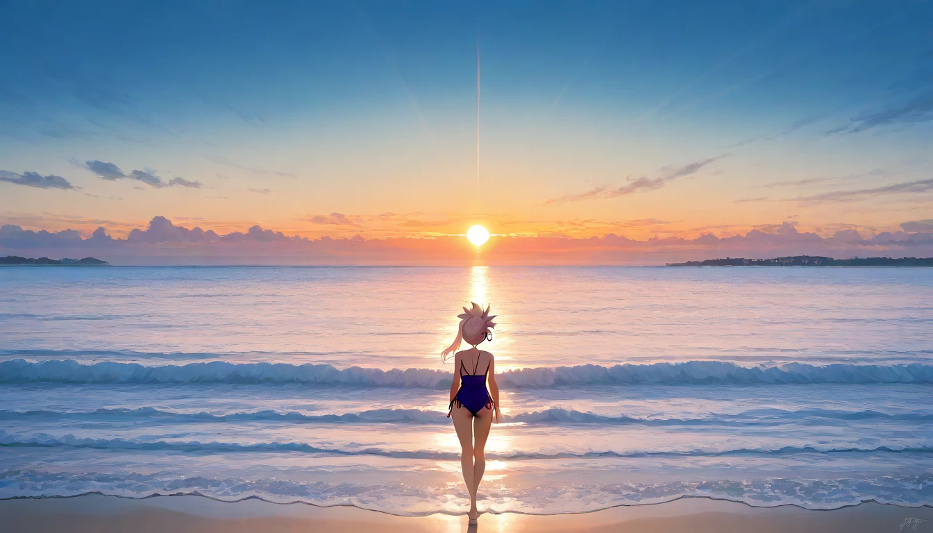 Imagine you're on a beach on a distant planet with two suns. The sky has a blue-green hue and the sun is setting, creando un hermoso atardecer. En el fondo, se puede ver una ciudad futurista de estilo ciberpunk, llena de luces brillantes. En primer plano, hay una chica llamada Emily, 40 years old, sentada en la arena de la playa. You're enjoying the sight and sound of music with retro headphones. Mientras los soles se ponen, la luz del atardecer ilumina su rostro y resalta sus rasgos maduros y serenos. It is a magical moment full of life. --auto