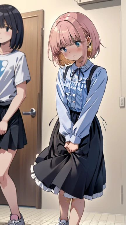 High resolution, masterpiece, Anatomically correct, accurate, Winner of numerous awards, Highest quality, detail, Damaged, Retina, Textured skin, One girl, solo, Back view, Basic Skirt、White short-sleeved shirt、Pleated skirt、She is holding up her skirt with her hands、White underwear、Kannon、Blushing, Panties、