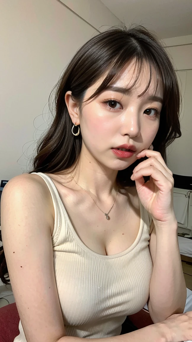 (Best quality, 8k, masterpiece: 1.3), a beautiful woman with perfect figure: 1.4, dark brown hair, wearing a pendant, wearing an apron, in the kitchen, highly detailed face and skin, detailed eyes, double eyelids, big breasts