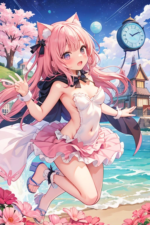 best quality, masterpiece, highres, solo, {saratoga_azurlane:1.15}, pink_hair, purple_eyes, ahoge, blush, smile, twintails, ribbon, bangs, bow, long_hair, hairband, open_mouth, hair_ribbon, breasts, hair_between_eyes, hair_bow, 1girl, double_bun, hair_bun, swimsuit, flower, hair_flower, hair_ornament, bikini, black_hairband, looking_at_viewer, bare_shoulders, frills, frilled_bikini, collarbone, short_hair, navel, black_bow, pink_bikini