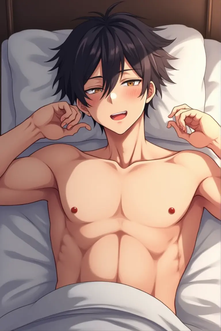 a male character in anime style lying on a bed without clothes showing everything with a very hard penis and the penis has to be drooling, And the character has to have a face that shows he's really horny