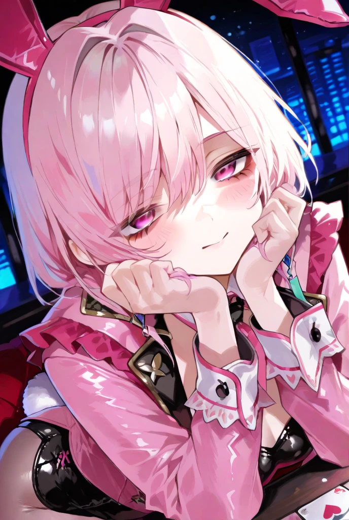 <lora:tradingCardsMultiple_v1:.4> 1boy, male focus, solo, blue eyes, pink hair, looking at viewer, futuristic, illustration, trading card style,