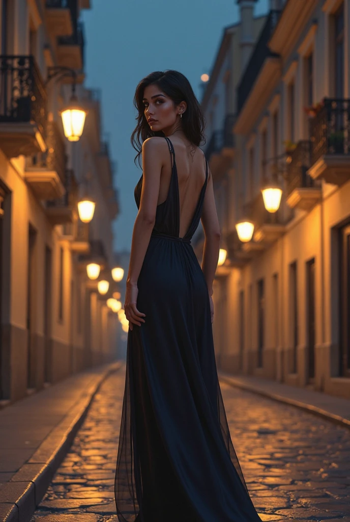 Hyperrealistic photography, mignon , 30 ans, longs cheveux bruns, robe longue noire moulante, 64 Ko, chef-d&#39;ouvrages d&#39;art, photo nette, Regarder le spectateur, Dark brown hair, avec chemise moulante, Rue de Barcelona The Holy Family behind, Long Dark brown hair, corps parfait, Model you are looking for, Realistic photo of a girl, porter une longue robe noire moulante, sombre dehors, Just after sunset, keeping her hands behind her,