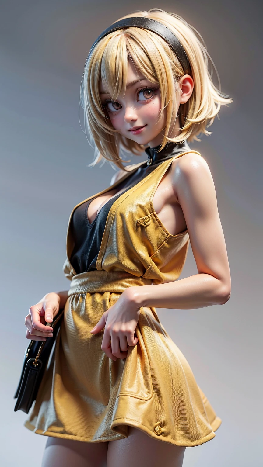 blonde GIRL, blue eyes, skirt, tight shirt, flat chest, short hair, mullet, wearing yellow, mean glare. collar,, ADULT, OLDER