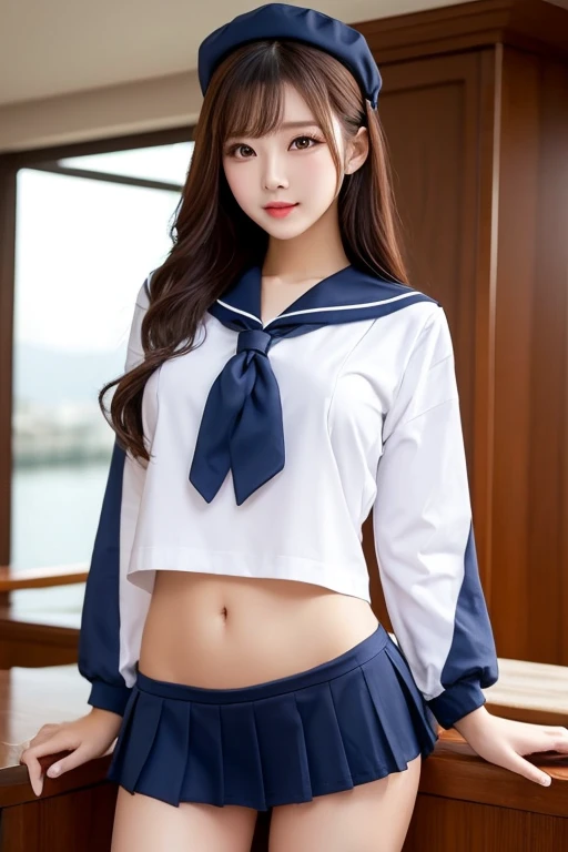 (masterpiece:1.3), (8k, Photorealistic, Raw photo, Best image quality: 1.4), Japanese, (One Girl), Beautiful Face, (A vivid face), Beautiful Hairstyles, Realistic eyes, Beautiful details in the eyes, (Realistic Skin), Beautiful skins, attractive, 超A high resolution, 超Realistic, Attention to detail, Golden Ratio, (Detail Makeup:1.2), Seeing the viewer,Tabletop, highest quality, Super detailed, In detail, High resolution, Composition of the whole body、Open leg pose、Boldly open your legs、Beautiful fine details, Fitness Wear, Natural color lip,Photorealistic、Realistic、solo、Photorealistic、highest quality、Highly detailed face、Highly detailed eyes and face、Beautiful and fine details、Absurd、Unbelievably absurd、My hair is messy、Floating Hair、Brown Hair、Wavy Hairstyle、Mid-length hair、(Highly detailed CG、8k Picture Wallpaper)、(Very delicate and beautiful)、(masterpiece)、(highest quality:1.0)、(超A high resolution:1.0)、Beautiful lighting、Perfect Lightning、Realistic Shadows、[High resolution]、Detailed skin、Super detailedな、Detailed face and eyes、Realistic eyes、Sharp pupils、Beautiful Face、Outdoor、Downtown Japan、Amidst the hustle and bustle、Blurred Background、Glowing Skin、Blunt bangs、Red Eye、(Sailor suit 1.2)、Sailor suits have long sleeves、Ultra HD Photos, 8K quality, Outdoor, Systemic composition, looking at the camera, Japan female, 20 years old, Perfect beauty, Texture that shows pores, Perfect Face, Clear skin, Clear skin, Beautiful and toned body, Muscular, thin, Small breasts, Tight ass and small breasts、Small Ass、 Bloomers (Bloomers in Japan School, Seamless Design, 単色のBloomers, Bloomers are dark blue, Perfect fit、Bloomers are elastic fabrics、Bloomersの長さはへそから３ｃｍThe following degrees:, )Legs wide open、、Expressionless、(Turn your face to the side、)