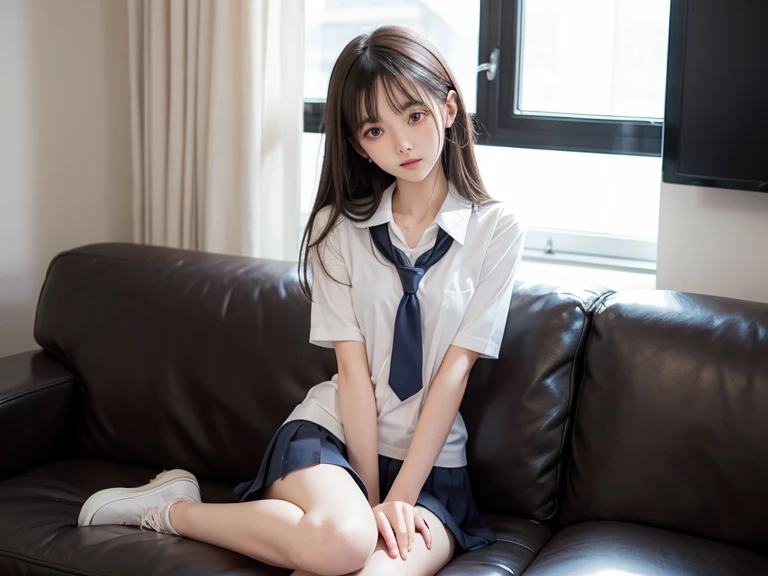 tmasterpiece，top-quality，offcial art，Highly detailed CG Unity 8K wallpapers，like a college girl，20 years girl，Very delicate beautiful，超A high resolution，（realisticlying：1.4），1 hour of writing，（The upper part of the body），（Platinum Long Hair：0.8），（Puffy eyes），looking at viewert，facing front，ssmile，Everyday clothes，（chiayi：1.5）， tmasterpiece， best qualtiy， RAW photogr， realisticlying， faces， incredibly absurd res， Buatigarh， depth of fields， hight resolution， ultra - detailed， finedetail， Very detailed， extremely detailed eye and face， Sharp pupils， pupil realistic， tack sharp focus， cinmatic lighting、laying on a couch、A dark-haired、 local female genitalia