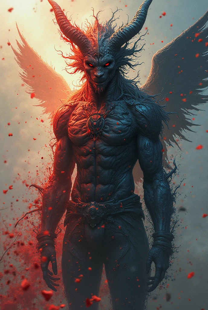 (mid_shot:1.3),(1 male:1.2),(muscle man:1.1),(frontal illumination:1.2) A sudden burst of energy ripples through the air as you transform, your body morphing into a towering, winged creature of the night. Your features become more angular and predatory, your eyes glowing with a fierce, vampiric intensity.