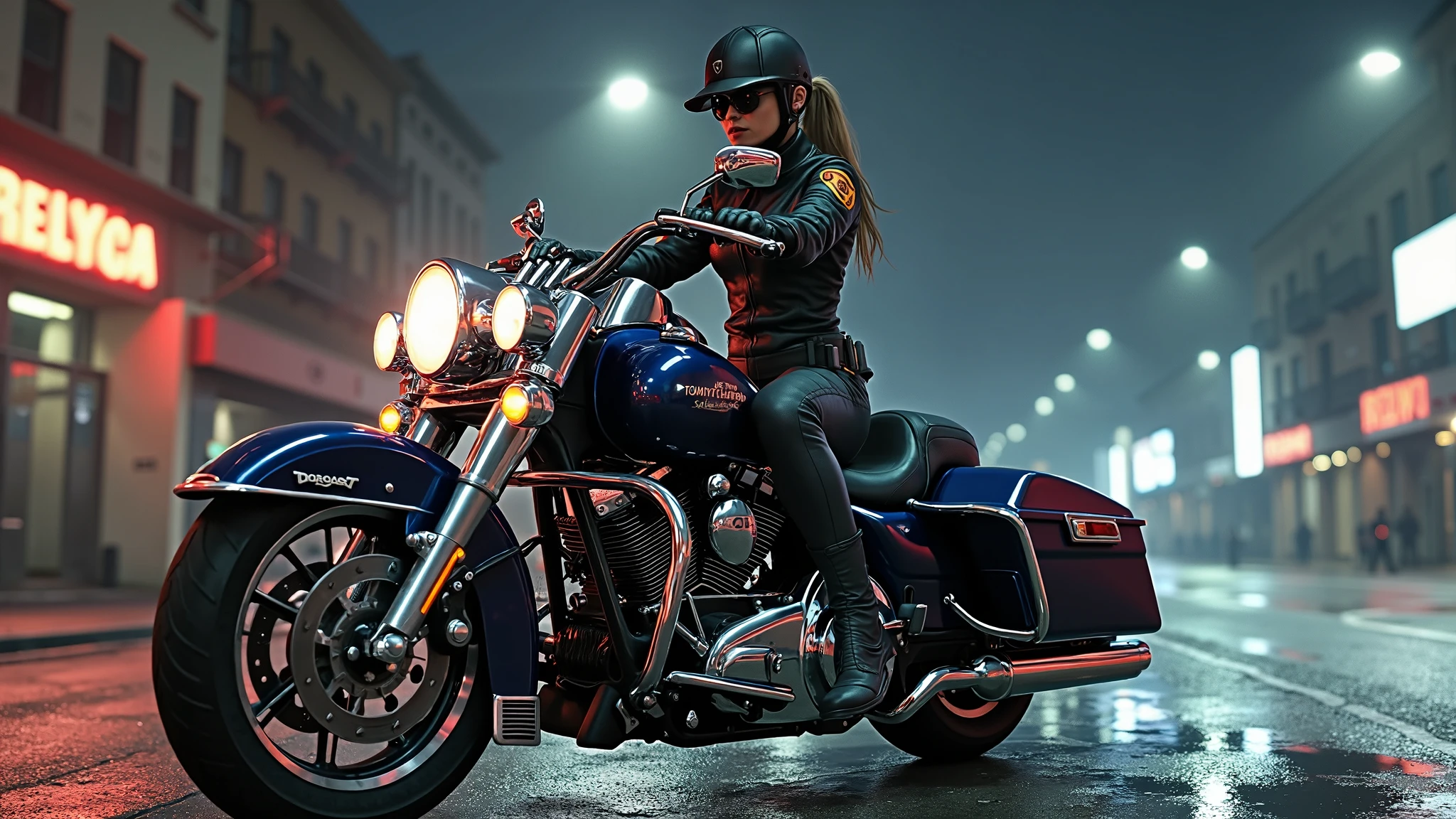 Jessica Alba , Policewoman, Delicate and beautiful face, Blush face, hair spread out, Hair strips dyeing,Angry, parted lips, tattooed,Busty boobs, Convex buttocks, White striped shirt, With police insignia, black necktie, Black suit pants, Black high heels, mitts, Raise the pistol, perfectly proportioned, Detailed clothing details, Police motorcycles, Police light effect, The metropolis of the future, Sci-fi sense, Cinematic lighting, filmgrain, Fujicolor, contrast between light and dark, 8K, Masterpiece, Textured skin, Super detail, highdetailed, High quality, high resolutions,