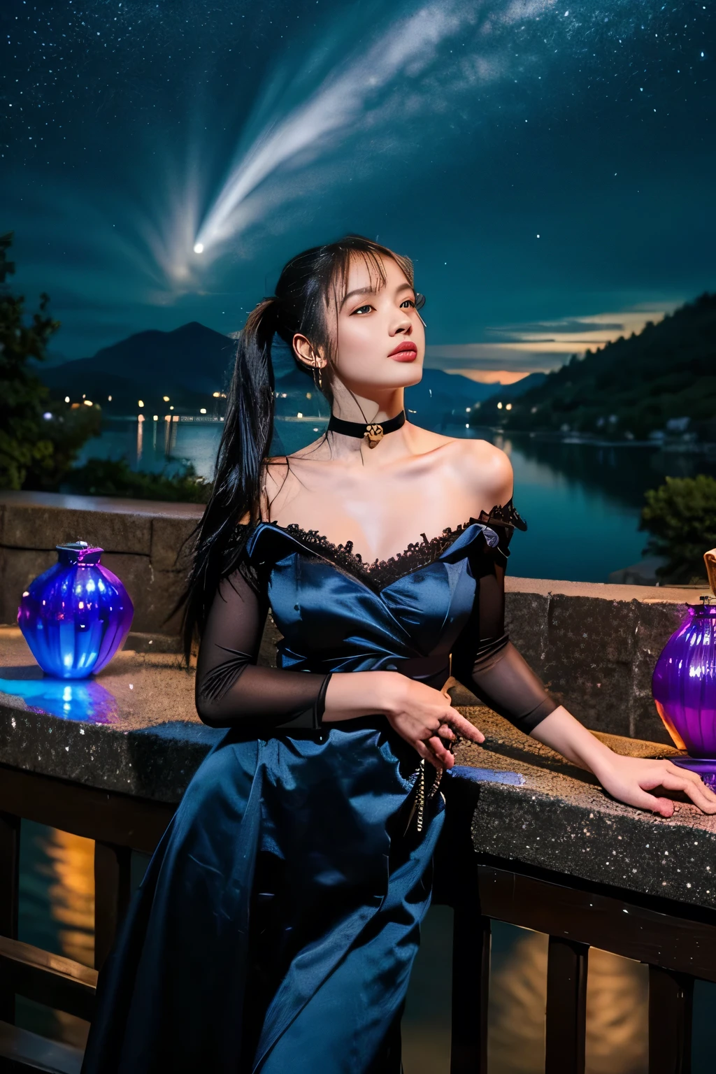 A K-pop idol perches seductively on a worn park bench under the soft luminescence of a moonlit night. Her toned physique glows in the darkness, her underboob shimmering like moonbeams. A revealing skirt frames her legs, while earrings and necklace accentuate her sultry gaze. As she whispers secrets to the night, her beauty is a masterclass in realistic proportions, set against a backdrop of misty trees and twinkling city lights.