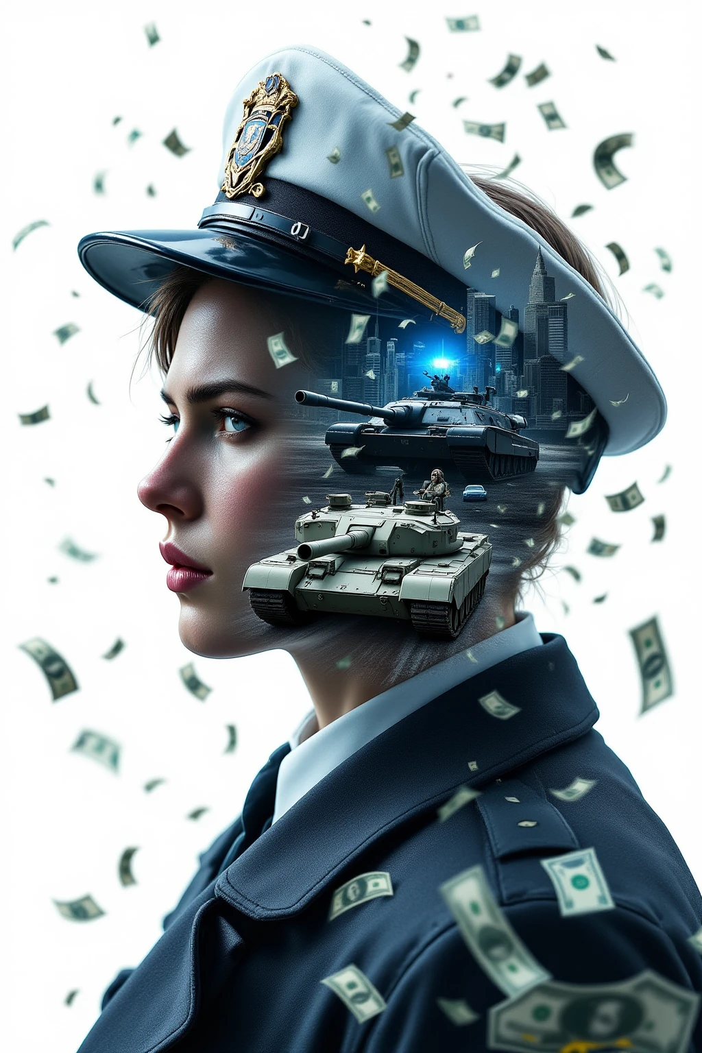 복합 Double Exposure , giant Stationery "VI"Police and mafia showdown overlaid on top of falling money "Grand Theft Auto" Stationery, Police and mafia war, Double Exposure , Fighter , Double Exposure , tank, Double Exposure , Falling money뭉치고품질,4K,8K,super resolution,masterpiece,Extremely Detailed,Realistic,photorealistic,HDR,UHD,studio lighting,Extremely elaborate painting,The ,physics-based rendering,Extremely Detailed 묘사,Professional ,vivid colors,보케복합적인 Double Exposure 효과, giant "VI" Stationery,crime city "Grand Theft Auto" Stationery,The confrontation between the police and the mafia,Fighter ,tank,Falling money,Stylish and violent atmosphere