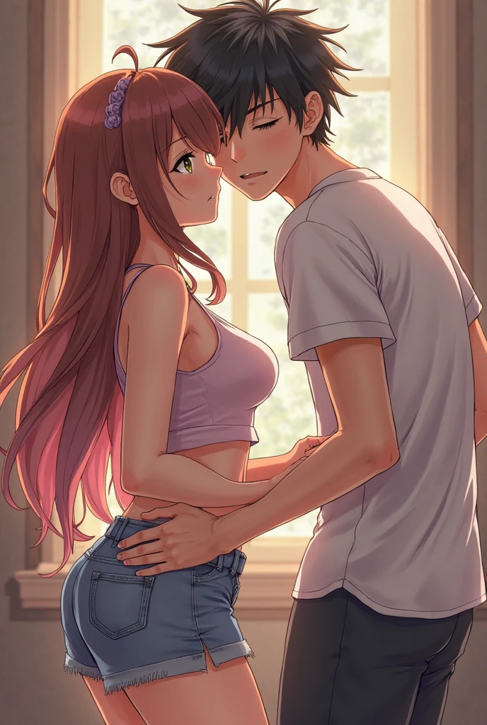 anime girl caressing a guy&#39;s erect penis through his pants