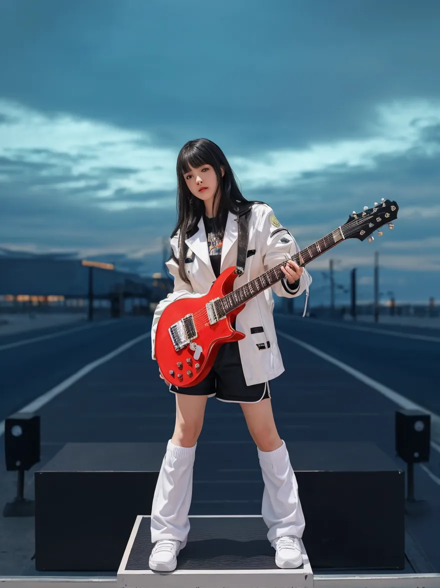 infp young woman、Good Style、、Leotard、Bright red punk jacket、Idol face、large full breasts、long boots、guitarrist